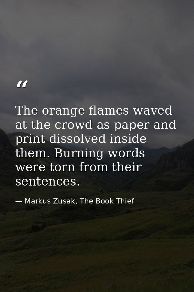 The orange flames waved at the crowd as paper and print dissolved inside them. Burning words were torn from their senten — Markus Zusak, The Book Thief