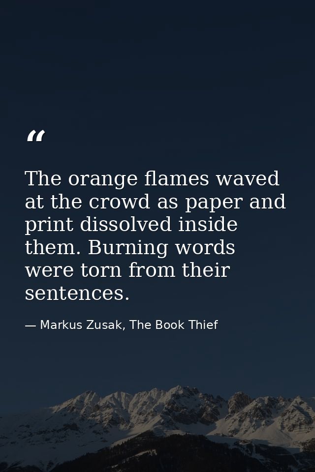 The orange flames waved at the crowd as paper and print dissolved inside them. Burning words were torn from their senten — Markus Zusak, The Book Thief