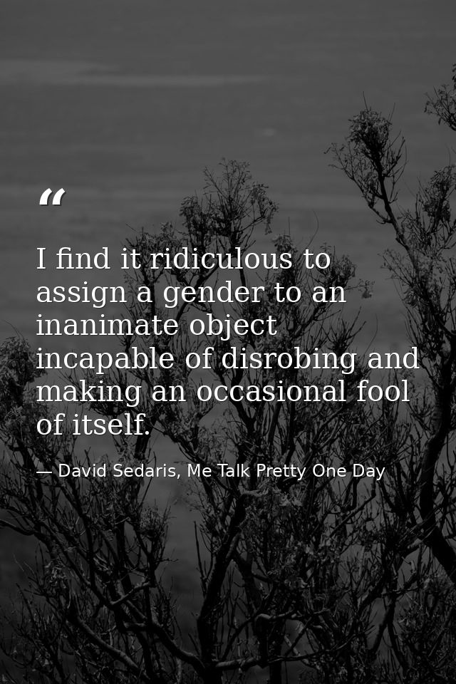 I find it ridiculous to assign a gender to an inanimate object incapable of disrobing and making an occasional fool of i — David Sedaris, Me Talk Pretty One Day