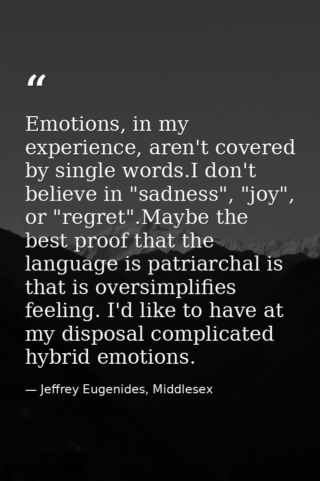 Emotions, in my experience, aren't covered by single words.I don't believe in "sadness", "joy", or "regret".Maybe the be — Jeffrey Eugenides, Middlesex