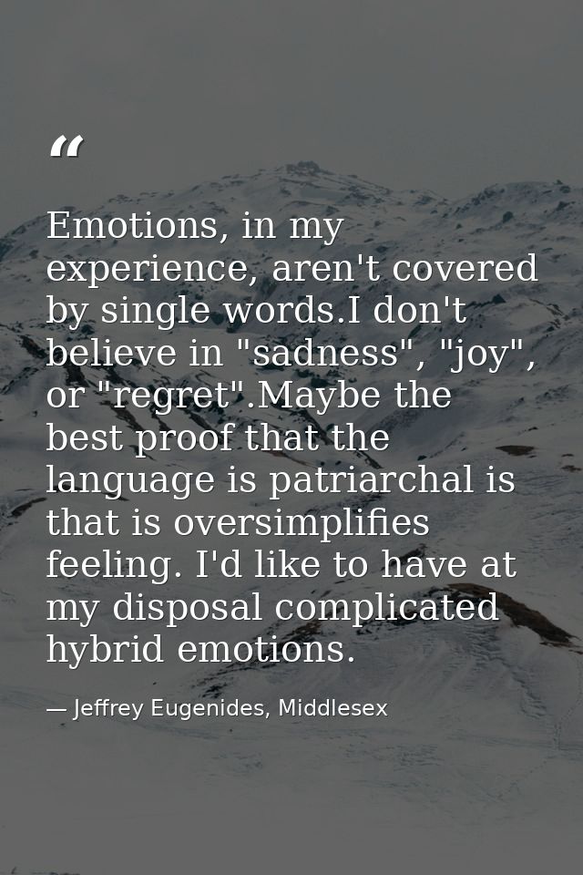 Emotions, in my experience, aren't covered by single words.I don't believe in "sadness", "joy", or "regret".Maybe the be — Jeffrey Eugenides, Middlesex