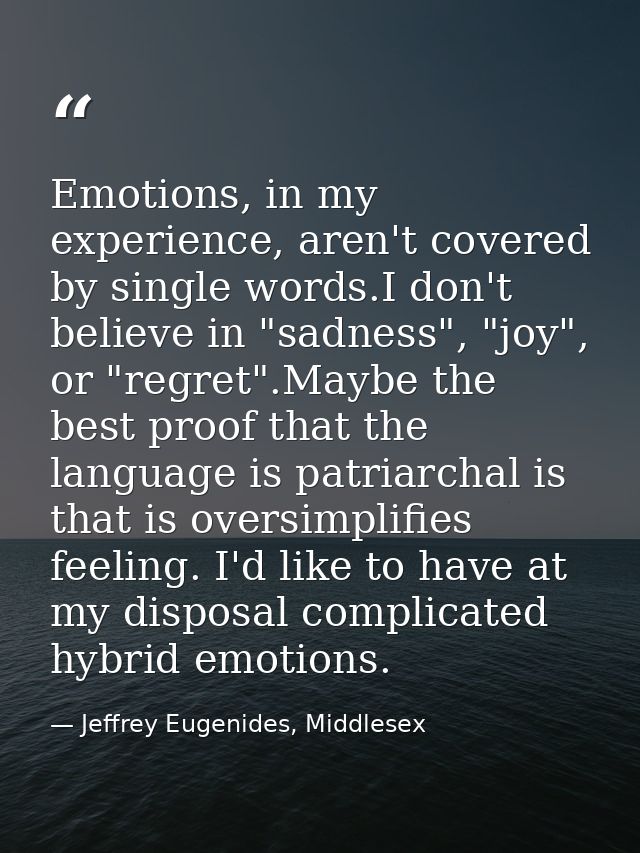 Emotions, in my experience, aren't covered by single words.I don't believe in "sadness", "joy", or "regret".Maybe the be — Jeffrey Eugenides, Middlesex