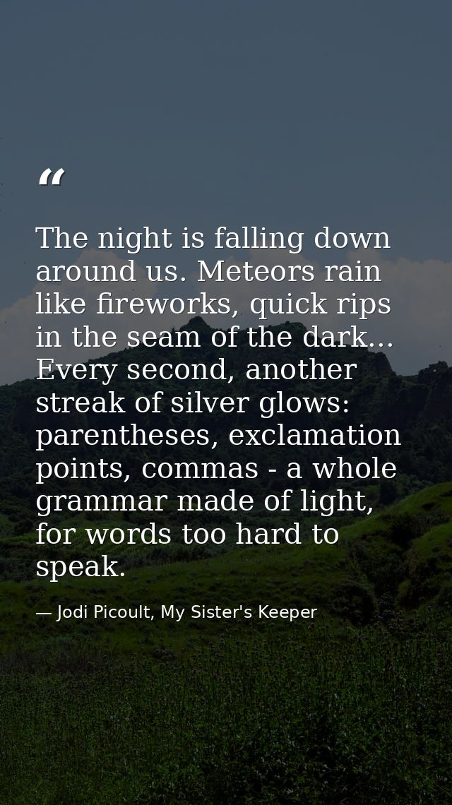 The night is falling down around us. Meteors rain like fireworks, quick rips in the seam of the dark... Every second, an — Jodi Picoult, My Sister's Keeper