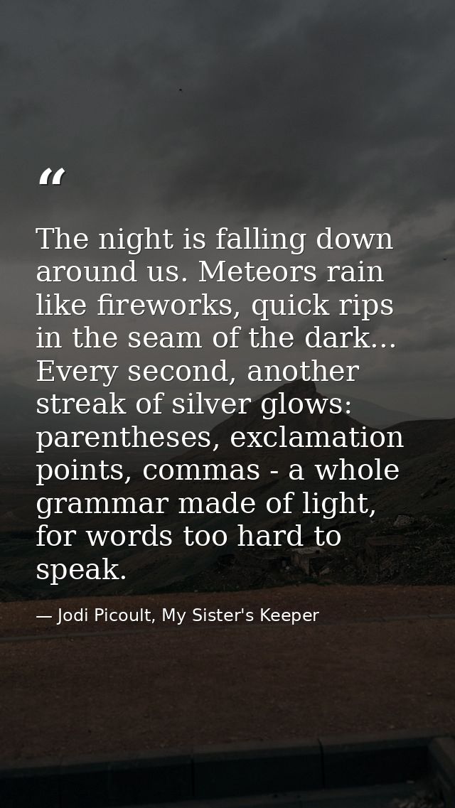 The night is falling down around us. Meteors rain like fireworks, quick rips in the seam of the dark... Every second, an — Jodi Picoult, My Sister's Keeper