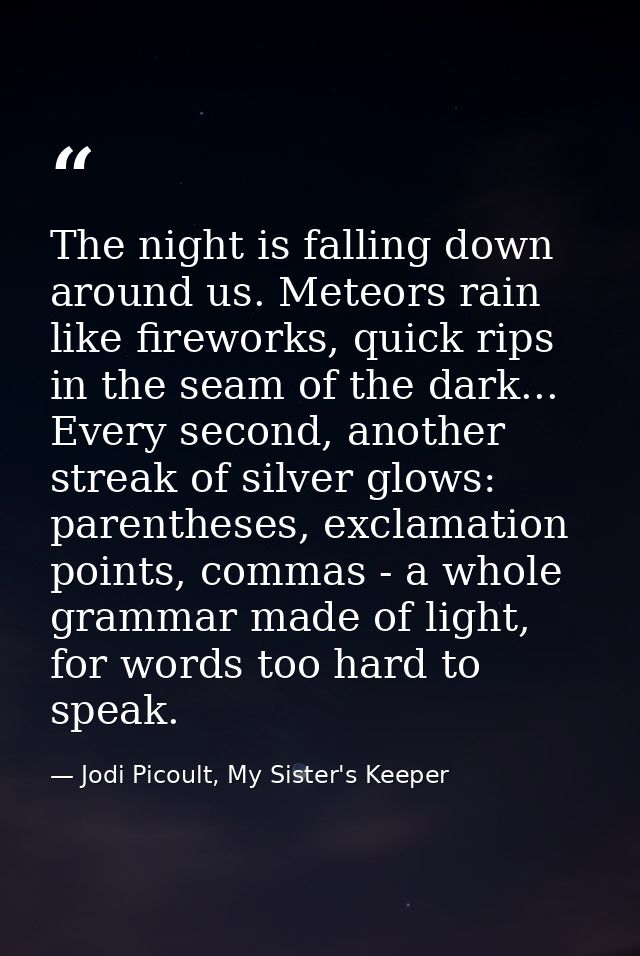 The night is falling down around us. Meteors rain like fireworks, quick rips in the seam of the dark... Every second, an — Jodi Picoult, My Sister's Keeper