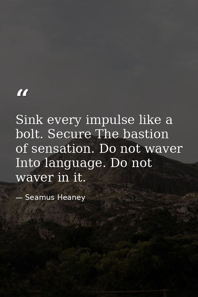 Sink every impulse like a bolt. Secure The bastion of sensation. Do not waver Into language. Do not waver in it. — Seamus Heaney