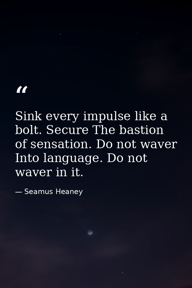 Sink every impulse like a bolt. Secure The bastion of sensation. Do not waver Into language. Do not waver in it. — Seamus Heaney