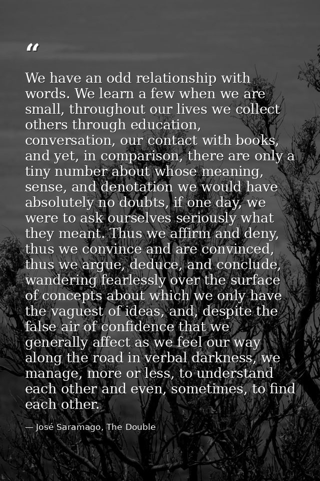 We have an odd relationship with words. We learn a few when we are small, throughout our lives we collect others through — José Saramago, The Double