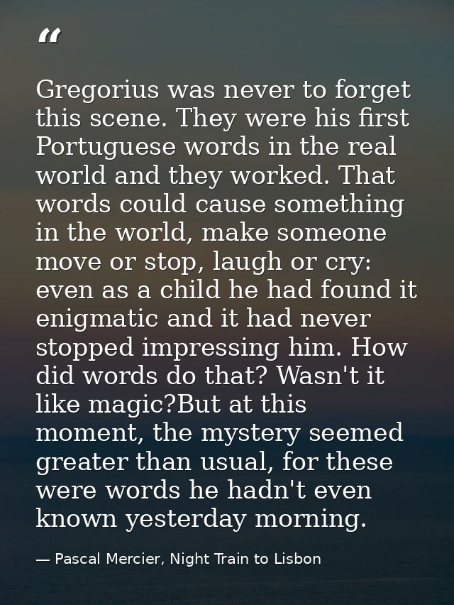 Gregorius was never to forget this scene. They were his first Portuguese words in the real world and they worked. That w — Pascal Mercier, Night Train to Lisbon