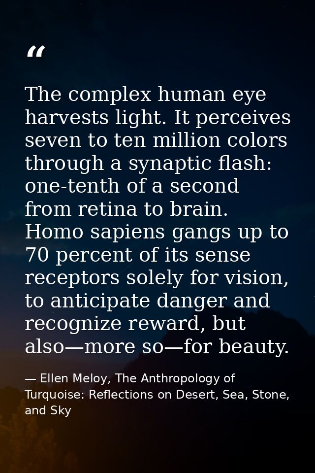 The complex human eye harvests light. It perceives seven to ten million colors through a synaptic flash: one-tenth of a  — Ellen Meloy, The Anthropology of Turquoise: Reflections on Desert, Sea, Stone, and Sky