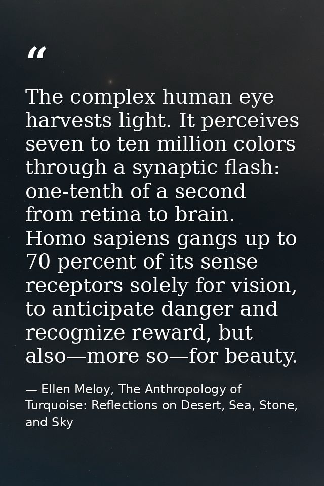 The complex human eye harvests light. It perceives seven to ten million colors through a synaptic flash: one-tenth of a  — Ellen Meloy, The Anthropology of Turquoise: Reflections on Desert, Sea, Stone, and Sky