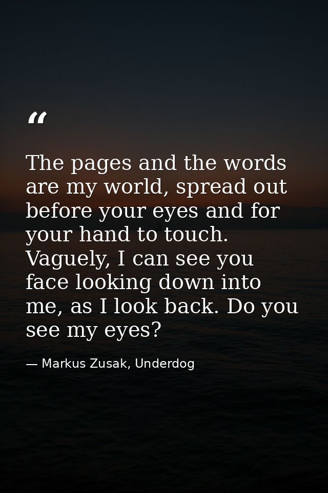 The pages and the words are my world, spread out before your eyes and for your hand to touch. Vaguely, I can see you fac — Markus Zusak, Underdog