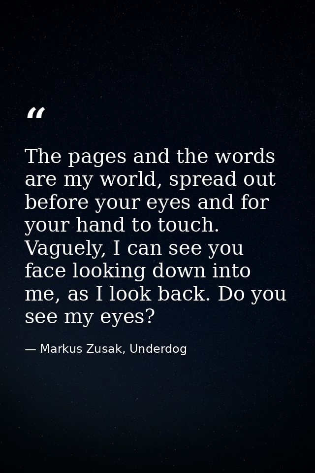 The pages and the words are my world, spread out before your eyes and for your hand to touch. Vaguely, I can see you fac — Markus Zusak, Underdog