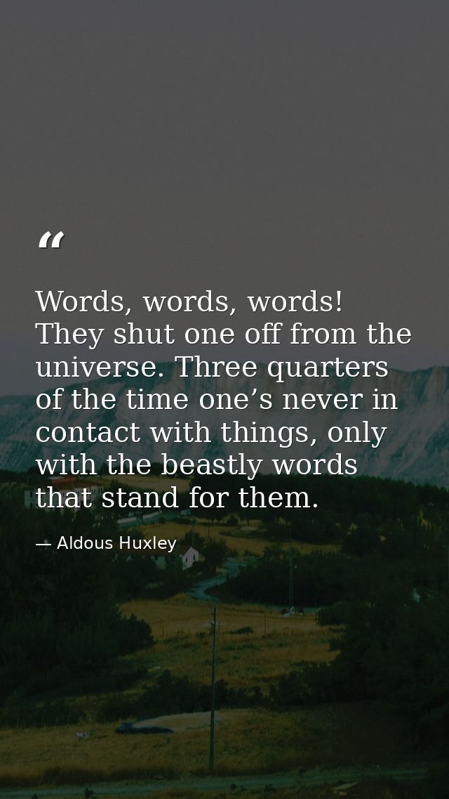 Words, words, words! They shut one off from the universe. Three quarters of the time one’s never in contact with things, — Aldous Huxley
