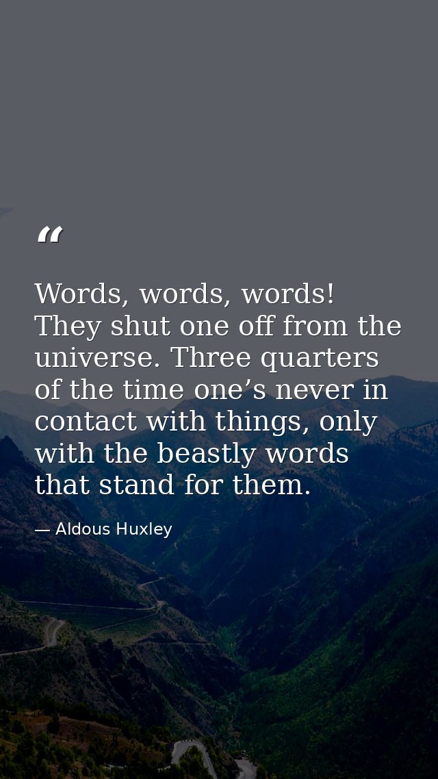 Words, words, words! They shut one off from the universe. Three quarters of the time one’s never in contact with things, — Aldous Huxley