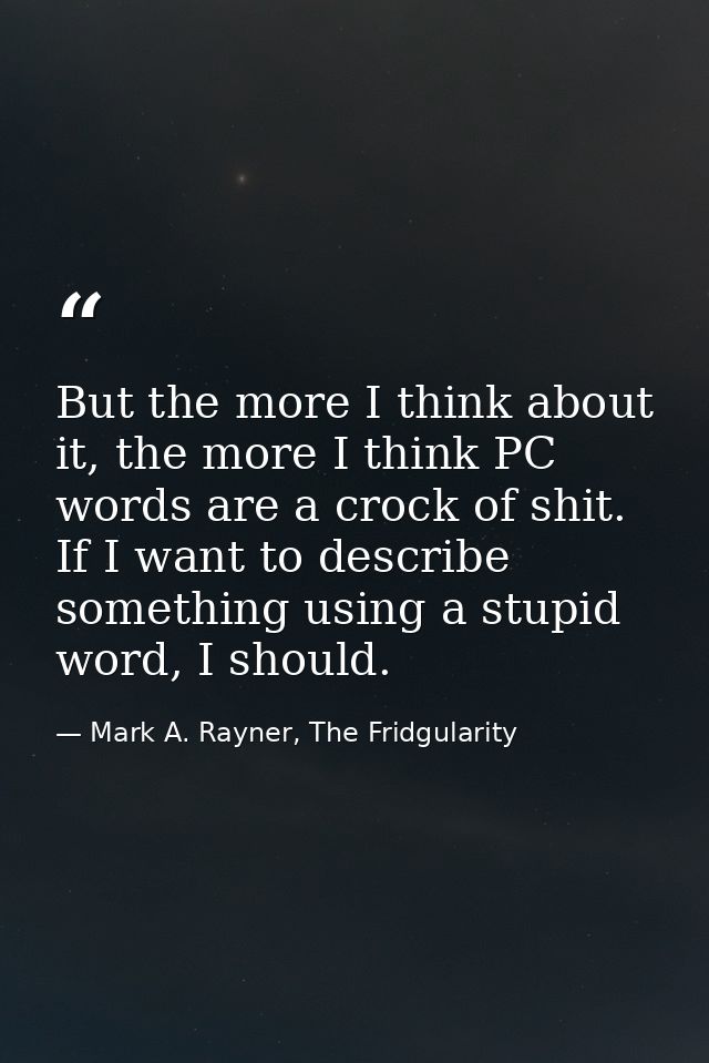 But the more I think about it, the more I think PC words are a crock of shit. If I want to describe something using a st — Mark A. Rayner, The Fridgularity