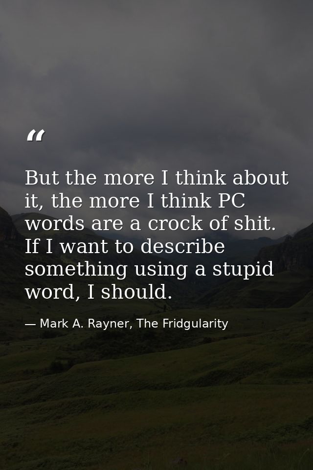 But the more I think about it, the more I think PC words are a crock of shit. If I want to describe something using a st — Mark A. Rayner, The Fridgularity