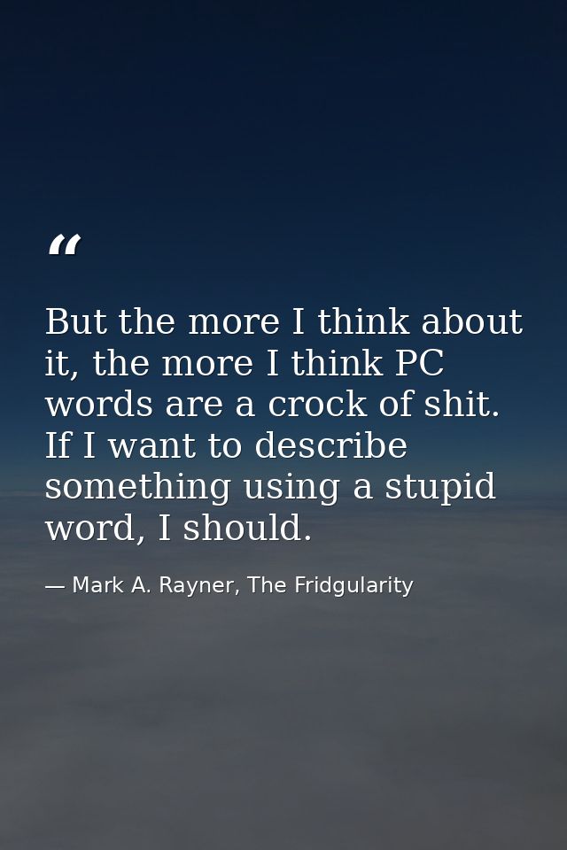 But the more I think about it, the more I think PC words are a crock of shit. If I want to describe something using a st — Mark A. Rayner, The Fridgularity