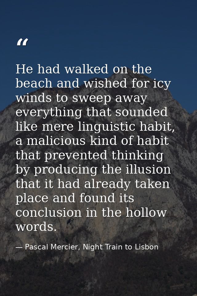 He had walked on the beach and wished for icy winds to sweep away everything that sounded like mere linguistic habit, a  — Pascal Mercier, Night Train to Lisbon
