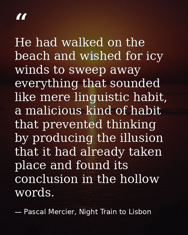 He had walked on the beach and wished for icy winds to sweep away everything that sounded like mere linguistic habit, a  — Pascal Mercier, Night Train to Lisbon