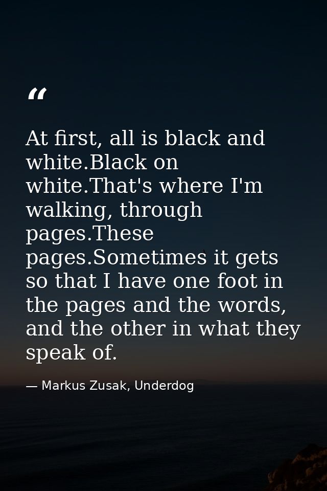At first, all is black and white.Black on white.That's where I'm walking, through pages.These pages.Sometimes it gets so — Markus Zusak, Underdog