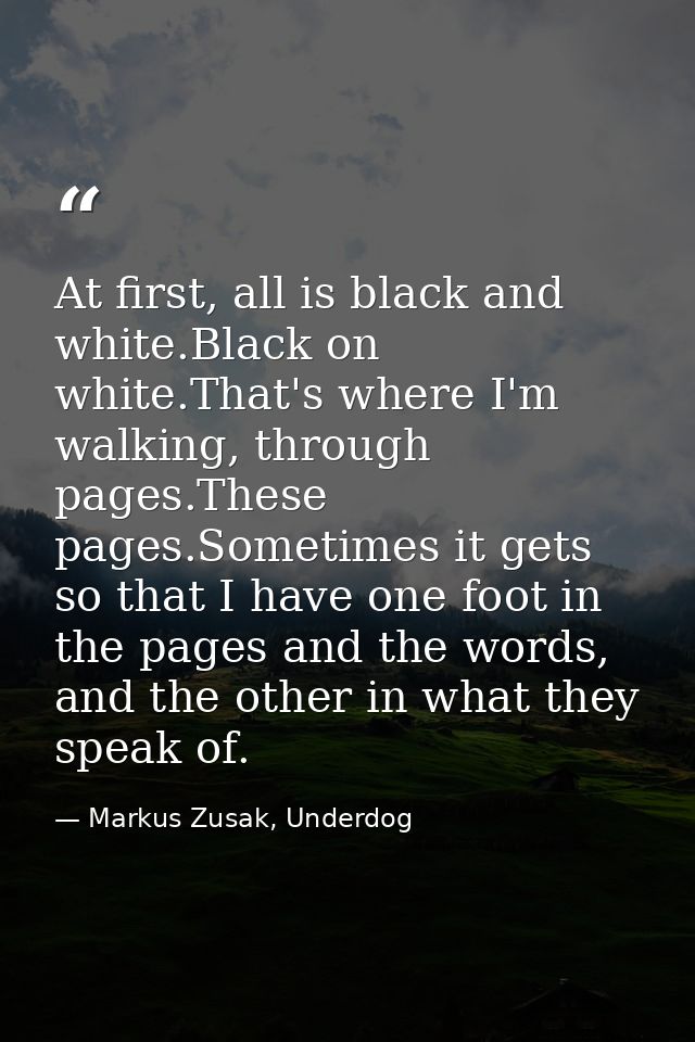 At first, all is black and white.Black on white.That's where I'm walking, through pages.These pages.Sometimes it gets so — Markus Zusak, Underdog
