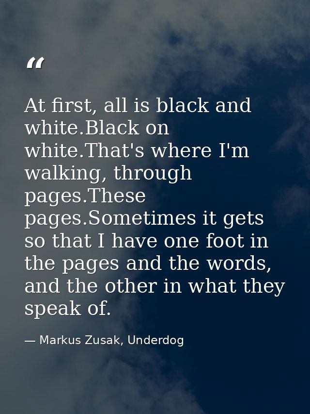 At first, all is black and white.Black on white.That's where I'm walking, through pages.These pages.Sometimes it gets so — Markus Zusak, Underdog