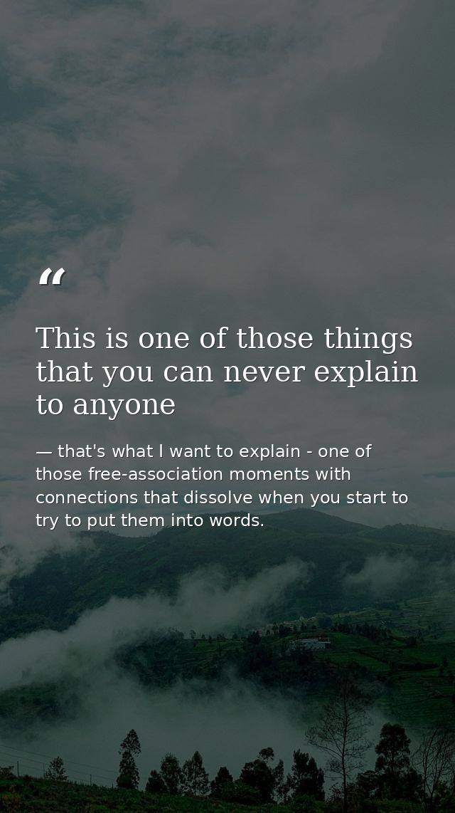 This is one of those things that you can never explain to anyone — that's what I want to explain - one of those free-association moments with connections that dissolve when you start to try to put them into words.