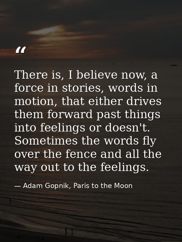 There is, I believe now, a force in stories, words in motion, that either drives them forward past things into feelings  — Adam Gopnik, Paris to the Moon