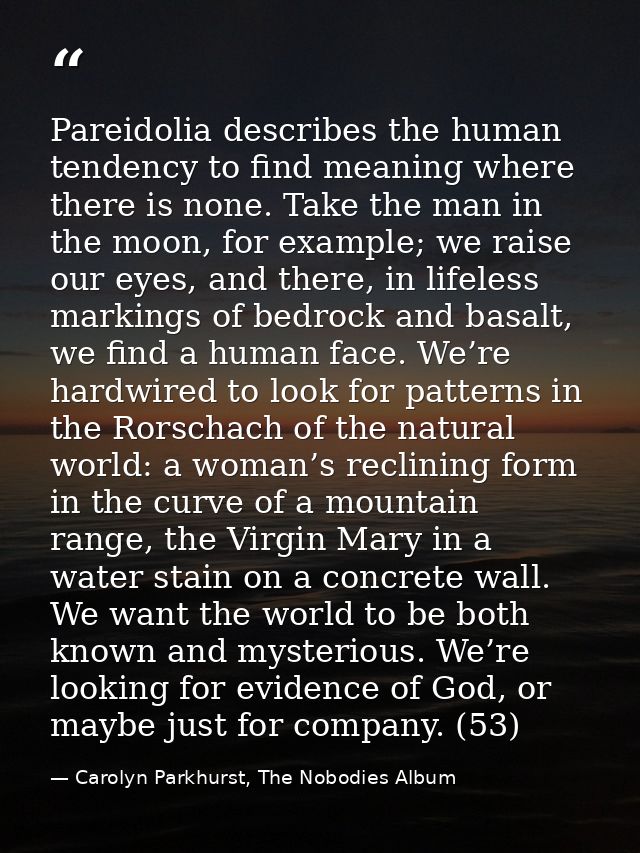 Pareidolia describes the human tendency to find meaning where there is none. Take the man in the moon, for example; we r — Carolyn Parkhurst, The Nobodies Album