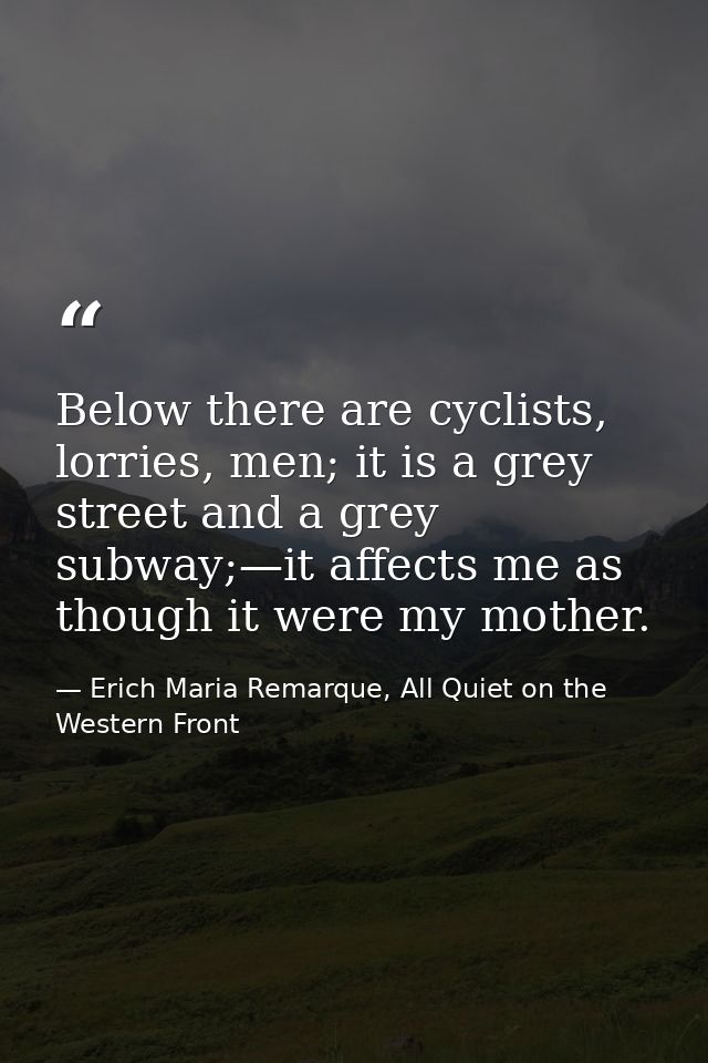 Below there are cyclists, lorries, men; it is a grey street and a grey subway;—it affects me as though it were my mother — Erich Maria Remarque, All Quiet on the Western Front