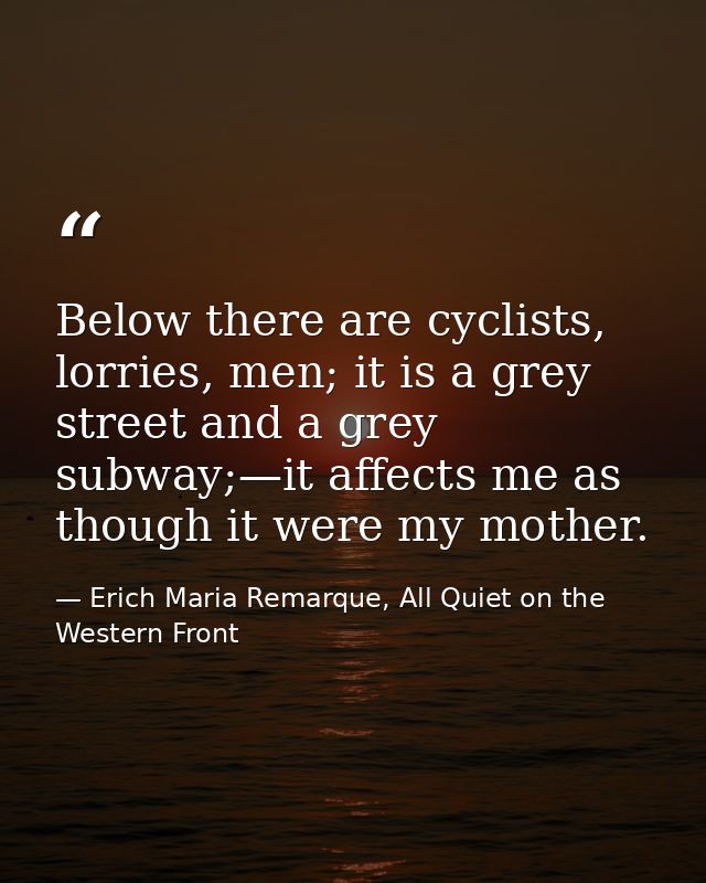 Below there are cyclists, lorries, men; it is a grey street and a grey subway;—it affects me as though it were my mother — Erich Maria Remarque, All Quiet on the Western Front