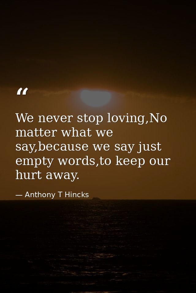 We never stop loving,No matter what we say,because we say just empty words,to keep our hurt away. — Anthony T Hincks