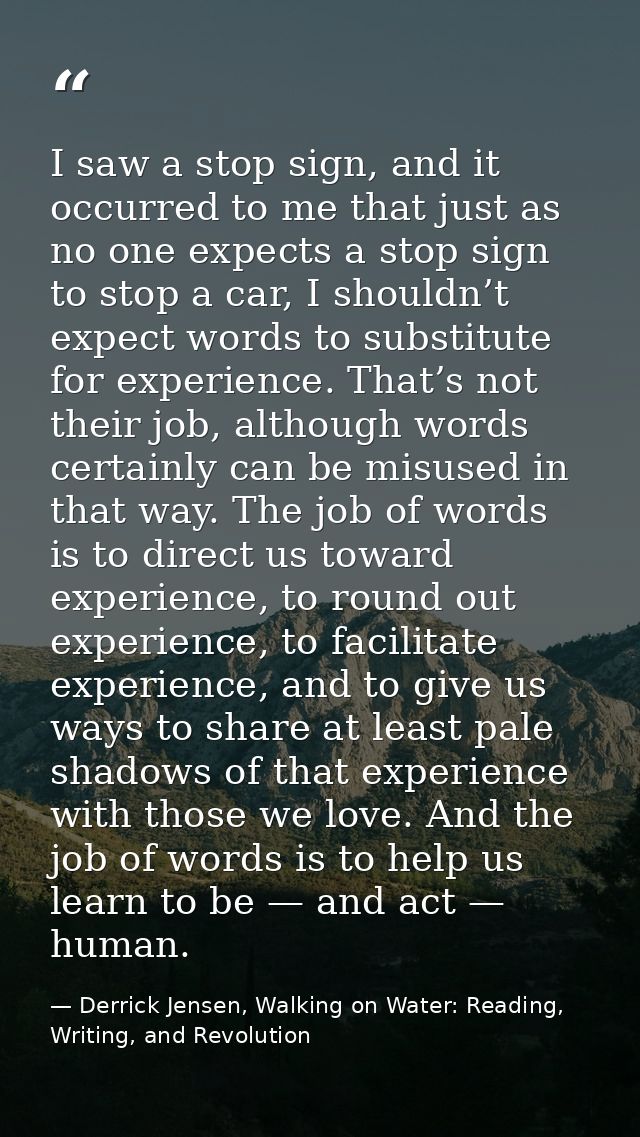 I saw a stop sign, and it occurred to me that just as no one expects a stop sign to stop a car, I shouldn’t expect words — Derrick Jensen, Walking on Water: Reading, Writing, and Revolution