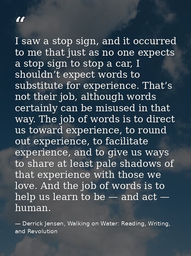 I saw a stop sign, and it occurred to me that just as no one expects a stop sign to stop a car, I shouldn’t expect words — Derrick Jensen, Walking on Water: Reading, Writing, and Revolution