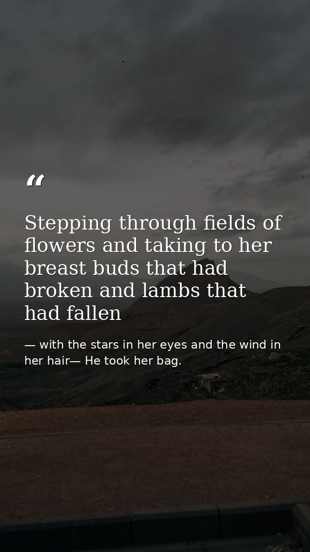 Stepping through fields of flowers and taking to her breast buds that had broken and lambs that had fallen — with the stars in her eyes and the wind in her hair— He took her bag.