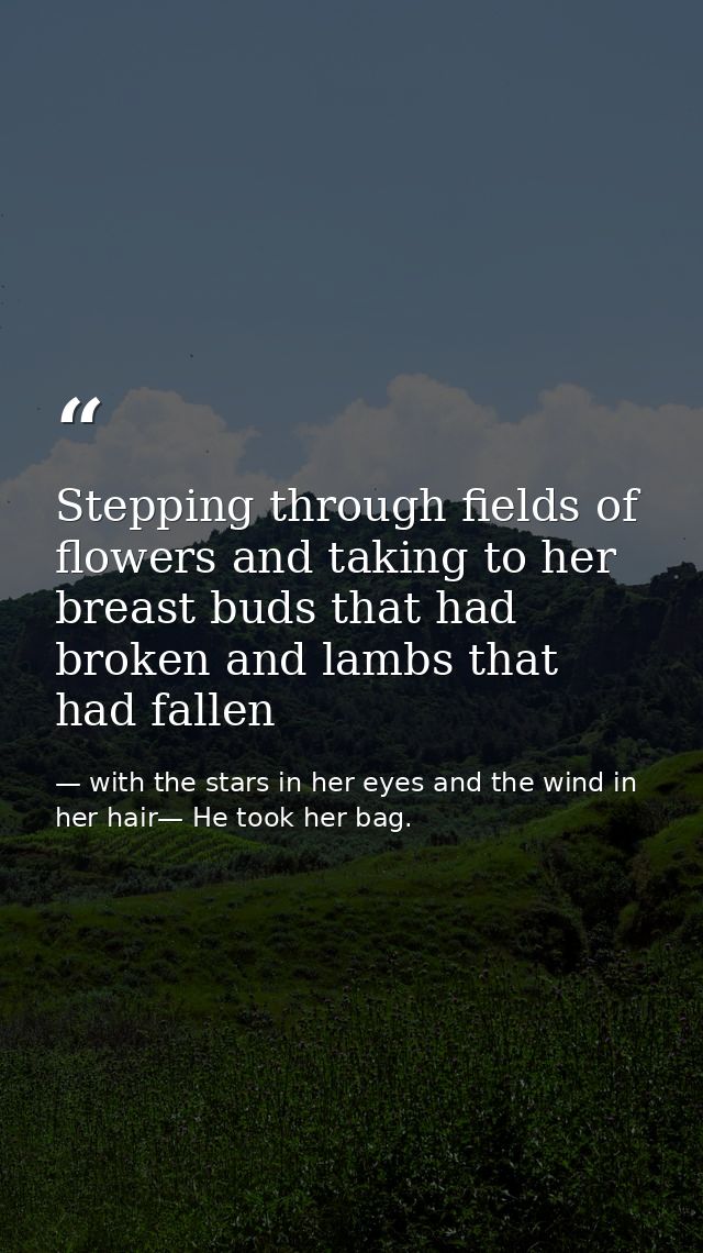 Stepping through fields of flowers and taking to her breast buds that had broken and lambs that had fallen — with the stars in her eyes and the wind in her hair— He took her bag.