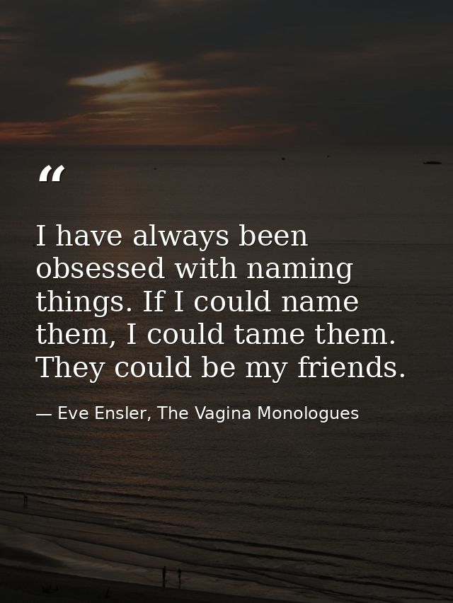 I have always been obsessed with naming things. If I could name them, I could tame them. They could be my friends. — Eve Ensler, The Vagina Monologues
