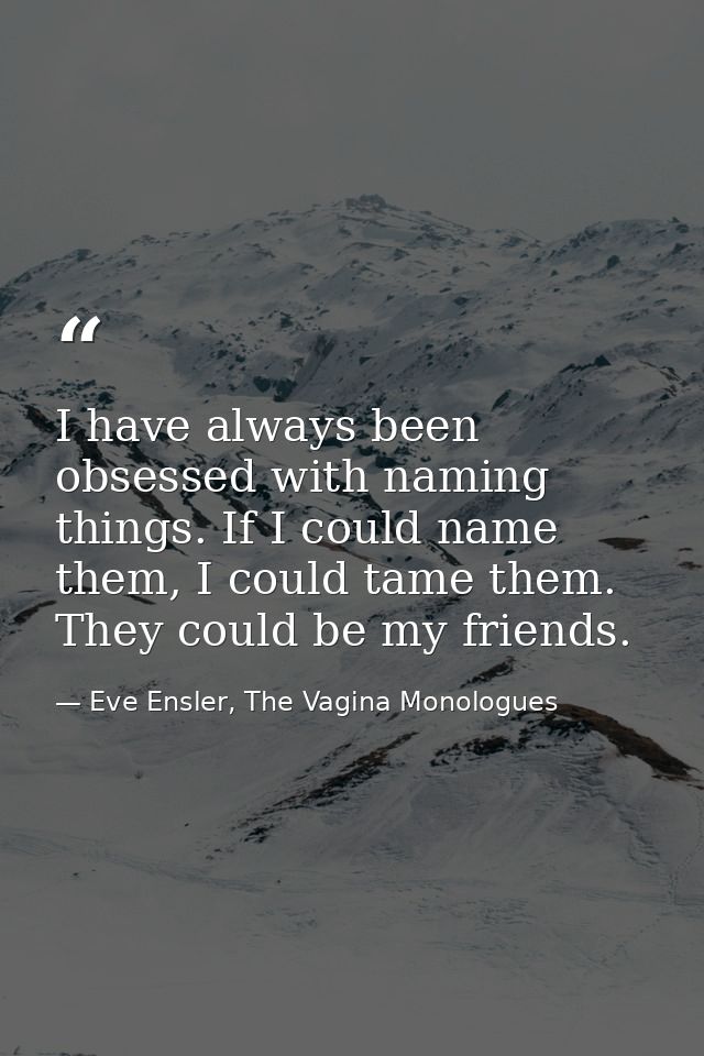 I have always been obsessed with naming things. If I could name them, I could tame them. They could be my friends. — Eve Ensler, The Vagina Monologues