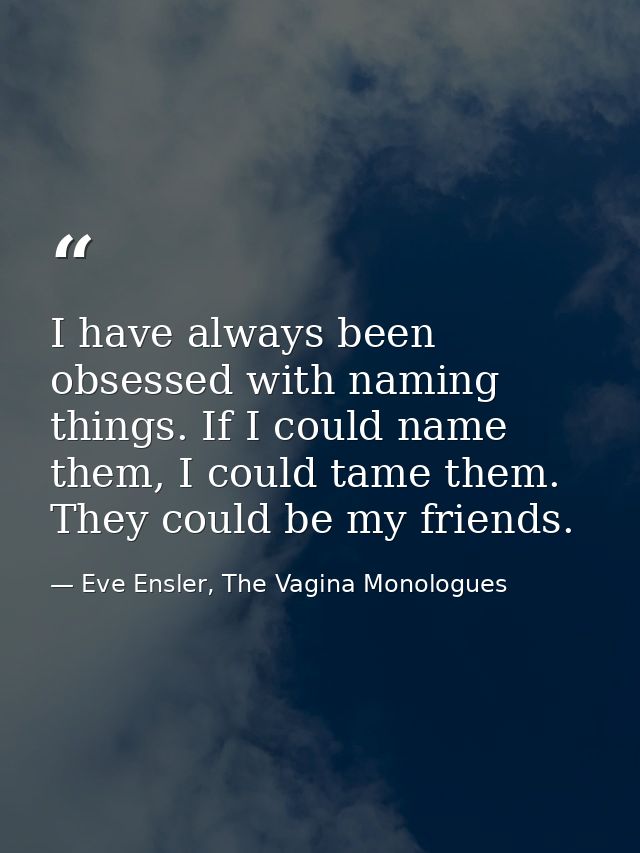 I have always been obsessed with naming things. If I could name them, I could tame them. They could be my friends. — Eve Ensler, The Vagina Monologues