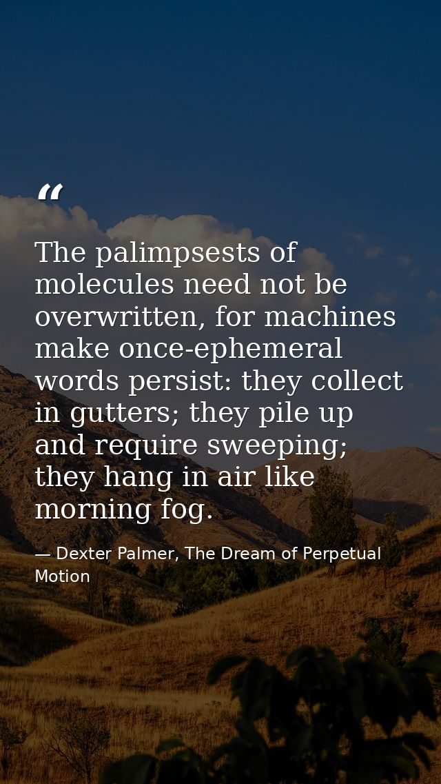 The palimpsests of molecules need not be overwritten, for machines make once-ephemeral words persist: they collect in gu — Dexter Palmer, The Dream of Perpetual Motion