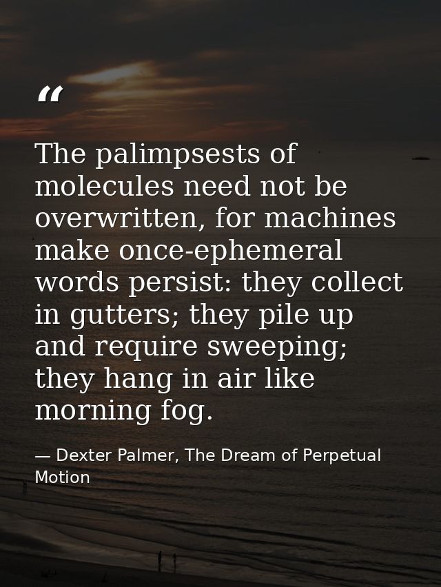 The palimpsests of molecules need not be overwritten, for machines make once-ephemeral words persist: they collect in gu — Dexter Palmer, The Dream of Perpetual Motion