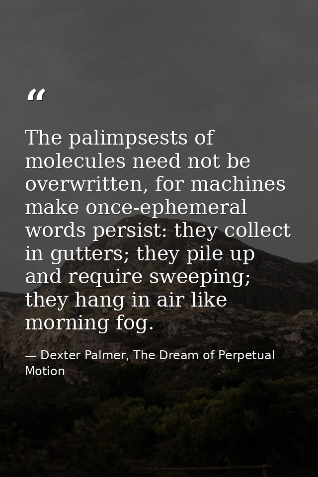 The palimpsests of molecules need not be overwritten, for machines make once-ephemeral words persist: they collect in gu — Dexter Palmer, The Dream of Perpetual Motion