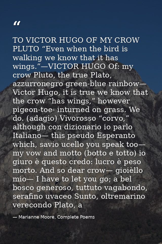 TO VICTOR HUGO OF MY CROW PLUTO “Even when the bird is walking we know that it has wings.”—VICTOR HUGO Of: my crow Pluto — Marianne Moore, Complete Poems