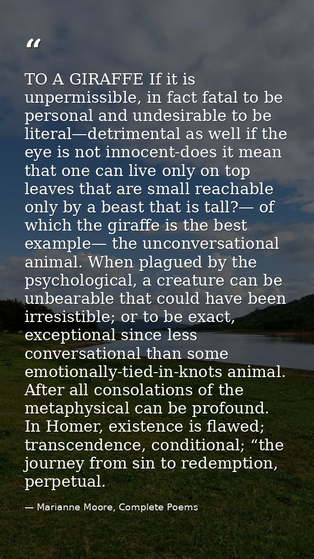 TO A GIRAFFE If it is unpermissible, in fact fatal to be personal and undesirable to be literal—detrimental as well if t — Marianne Moore, Complete Poems