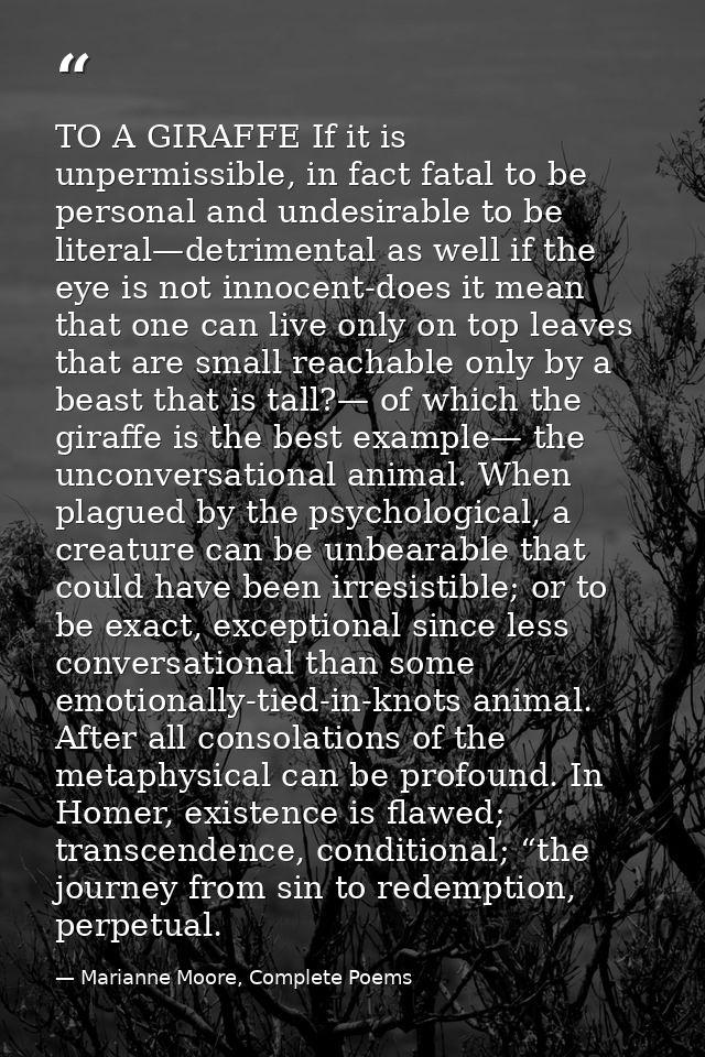 TO A GIRAFFE If it is unpermissible, in fact fatal to be personal and undesirable to be literal—detrimental as well if t — Marianne Moore, Complete Poems