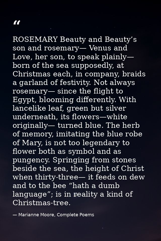 ROSEMARY Beauty and Beauty’s son and rosemary— Venus and Love, her son, to speak plainly— born of the sea supposedly, at — Marianne Moore, Complete Poems