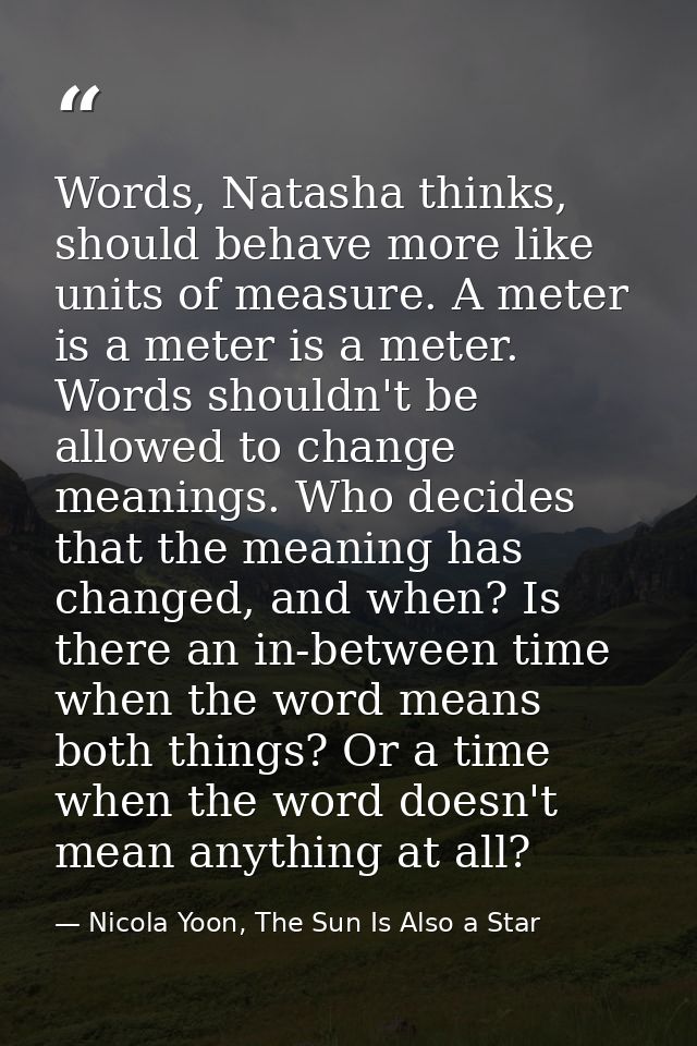 Words, Natasha thinks, should behave more like units of measure. A meter is a meter is a meter. Words shouldn't be allow — Nicola Yoon, The Sun Is Also a Star