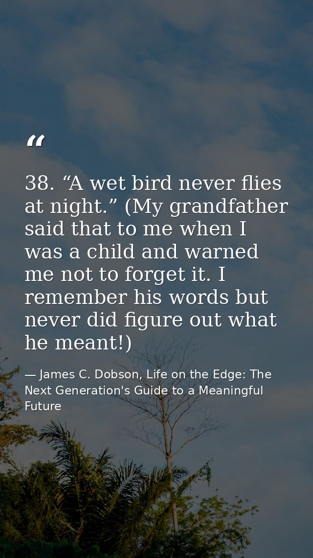 38. “A wet bird never flies at night.” (My grandfather said that to me when I was a child and warned me not to forget it — James C. Dobson, Life on the Edge: The Next Generation's Guide to a Meaningful Future