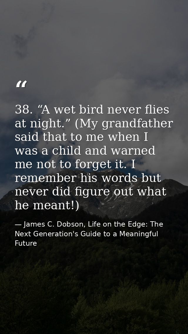 38. “A wet bird never flies at night.” (My grandfather said that to me when I was a child and warned me not to forget it — James C. Dobson, Life on the Edge: The Next Generation's Guide to a Meaningful Future